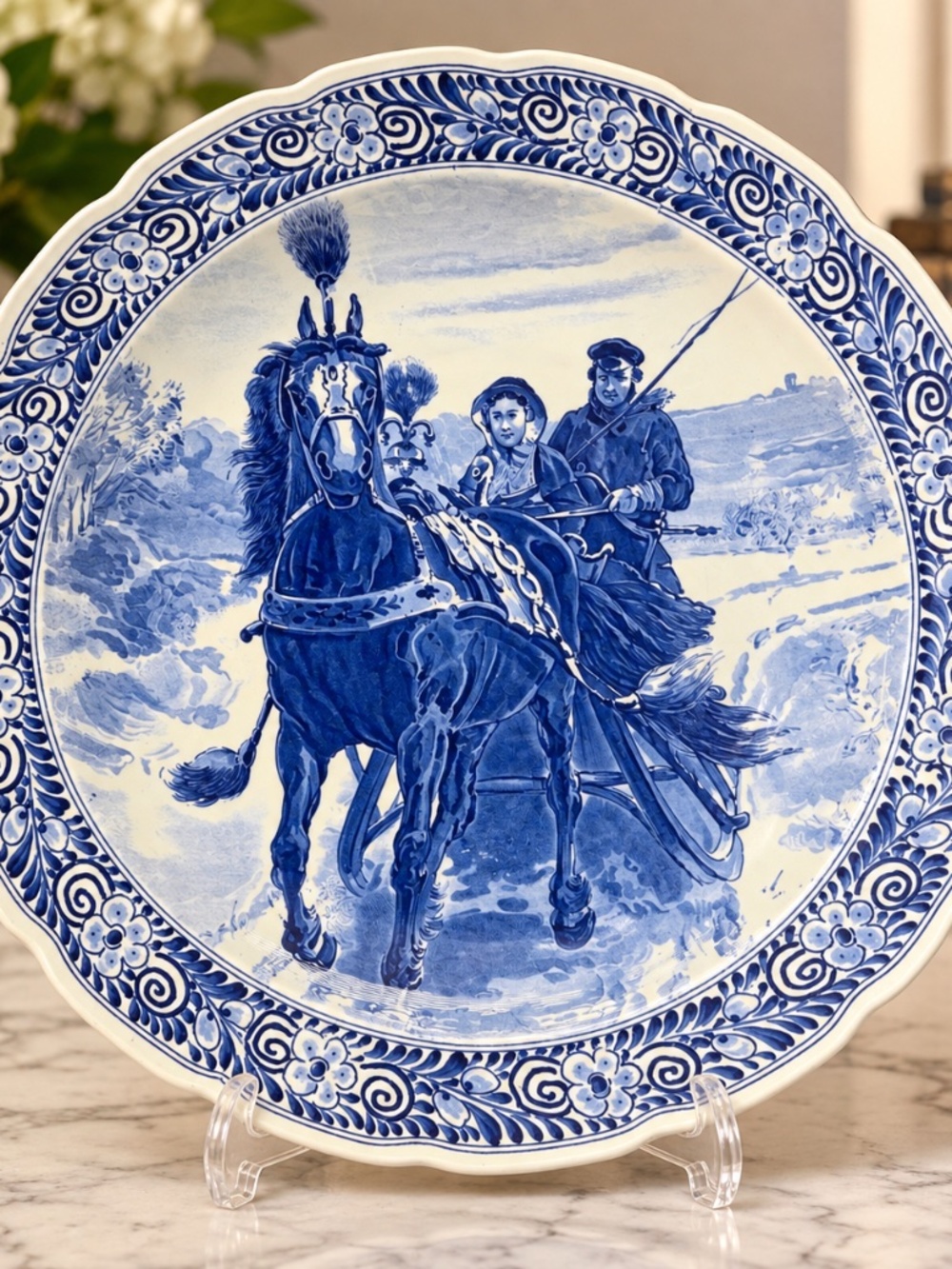 Vintage Royal Sphinx Maastricht Delft Blue Winter Sleigh Scene Plate Made in Hol